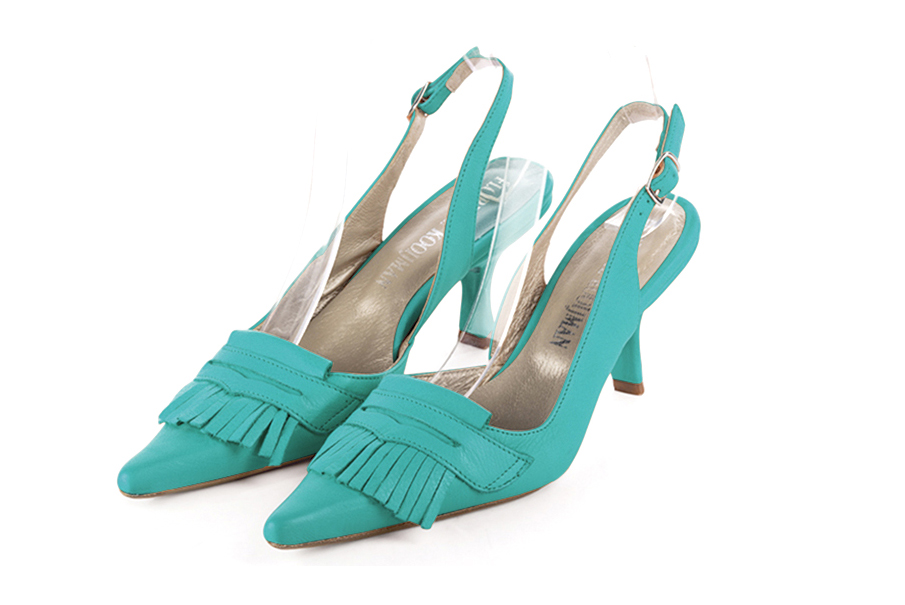 French elegance and refinement for these aquamarine blue dress slingback shoes, 
                available in many subtle leather and colour combinations. Fans of originality will appreciate the fringes and the "Offbeat Rock" side.
To be personalized or not, with your materials and colors.  
                Matching clutches for parties, ceremonies and weddings.   
                You can customize these shoes to perfectly match your tastes or needs, and have a unique model.  
                Choice of leathers, colours, knots and heels. 
                Wide range of materials and shades carefully chosen.  
                Rich collection of flat, low, mid and high heels.  
                Small and large shoe sizes - Florence KOOIJMAN